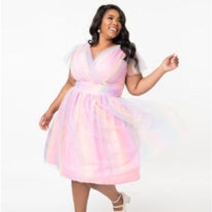 Unique vintage Magnolia Place Plus Size Pink Rainbow Ombre Tulle  Swing Dress